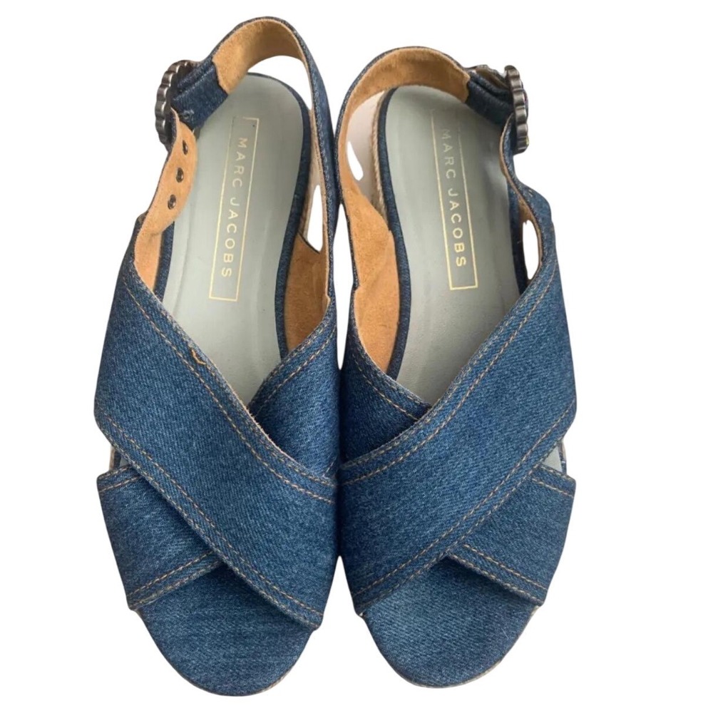 Marc Jacobs Denim Platform Wedge‎ Espadrille Sandals Rhinestone Buckle Sz  37